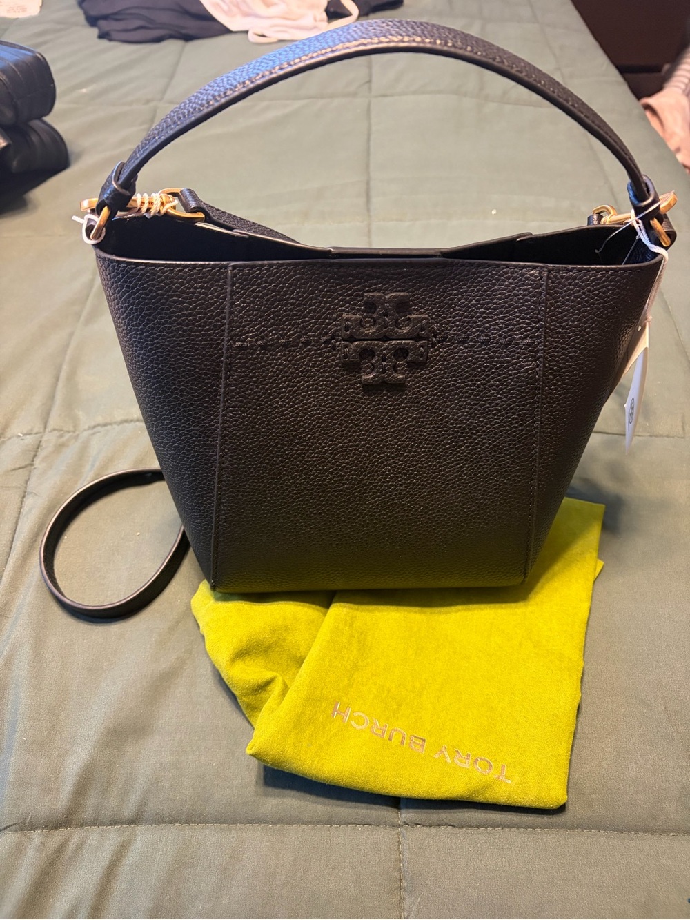 Tory Burch Black Pebbled Leather Bucket Tote